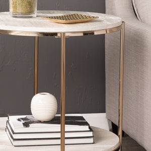 Safavieh Silas Round Travertine Style End Table With Iron Frame And Lower Storage Shelf CHAMPAGNE CK5732