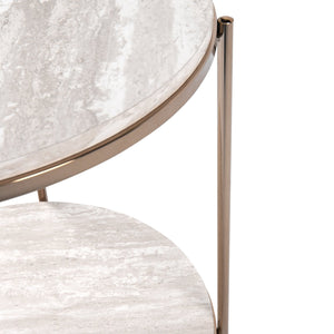 Safavieh Silas Round Travertine Style End Table With Iron Frame And Lower Storage Shelf CHAMPAGNE CK5732