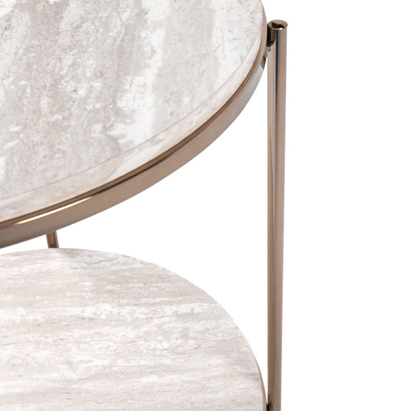 Safavieh Silas Round Travertine Style End Table With Iron Frame And Lower Storage Shelf CHAMPAGNE CK5732