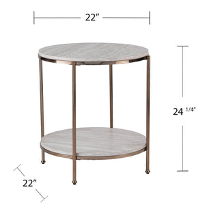 Safavieh Silas Round Travertine Style End Table With Iron Frame And Lower Storage Shelf CHAMPAGNE CK5732