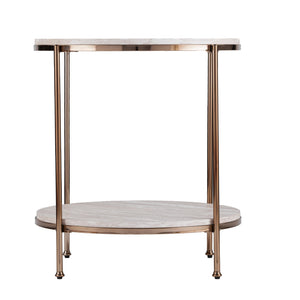 Safavieh Silas Round Travertine Style End Table With Iron Frame And Lower Storage Shelf CHAMPAGNE CK5732