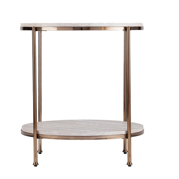 Safavieh Silas Round Travertine Style End Table With Iron Frame And Lower Storage Shelf CHAMPAGNE CK5732