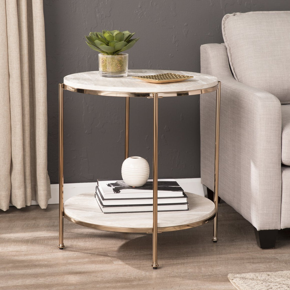Safavieh Silas Round Travertine Style End Table With Iron Frame And Lower Storage Shelf CHAMPAGNE CK5732