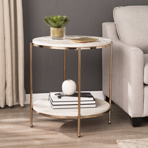 Safavieh Silas Round Travertine Style End Table With Iron Frame And Lower Storage Shelf CHAMPAGNE CK5732