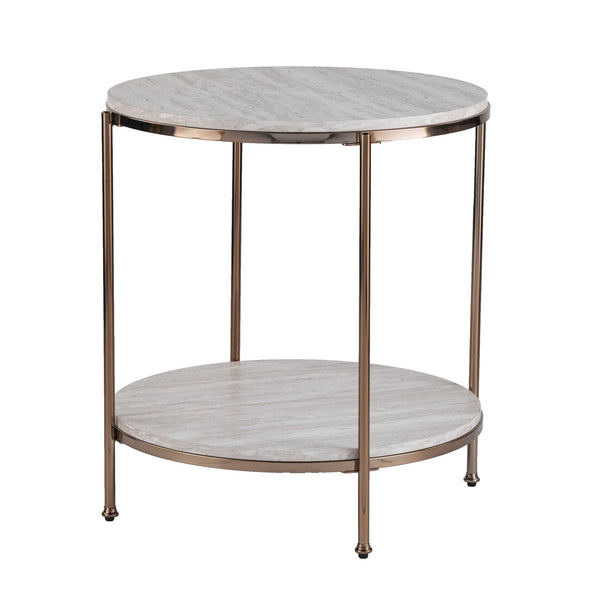 Safavieh Silas Round Travertine Style End Table With Iron Frame And Lower Storage Shelf CHAMPAGNE CK5732