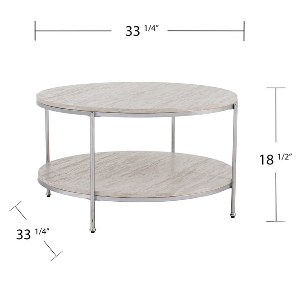 Safavieh Silas Round Travertine Look Cocktail Table With Chrome Frame And Lower Shelf CHROME CK5740
