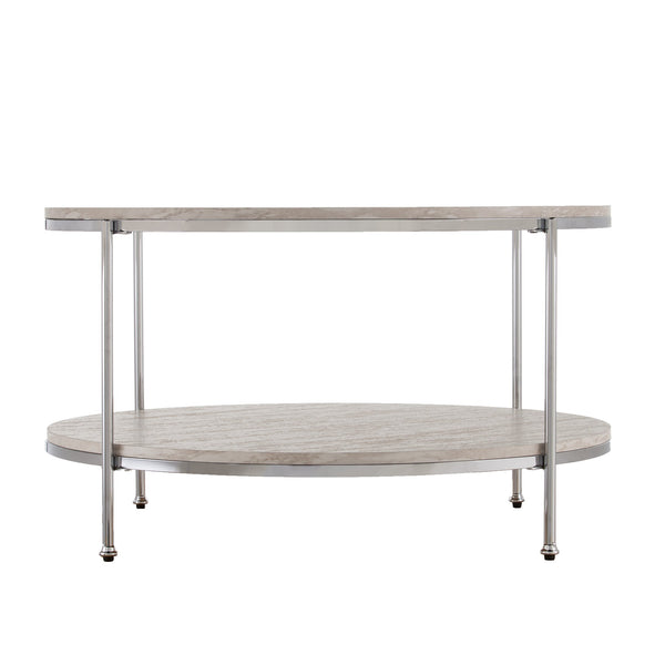 Safavieh Silas Round Travertine Look Cocktail Table With Chrome Frame And Lower Shelf CHROME CK5740
