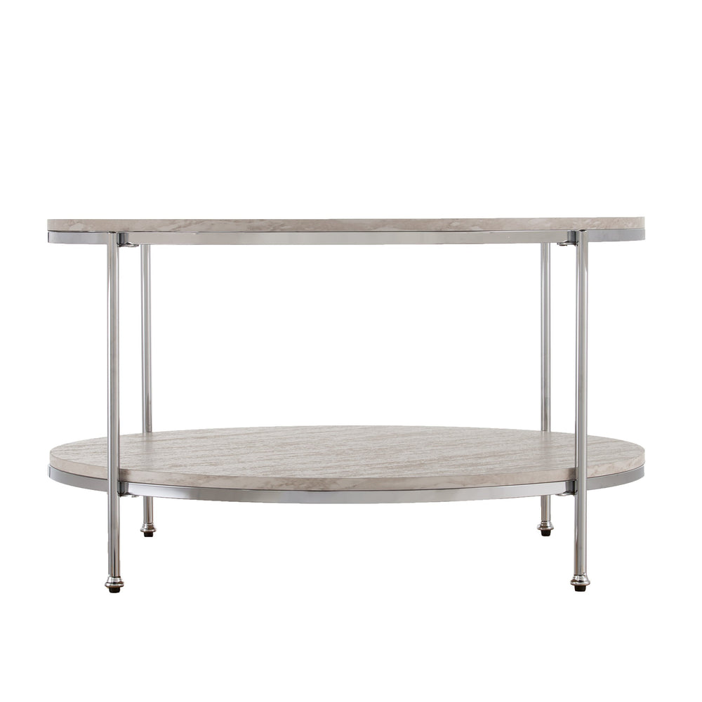 Safavieh Silas Round Travertine Look Cocktail Table With Chrome Frame And Lower Shelf CHROME CK5740