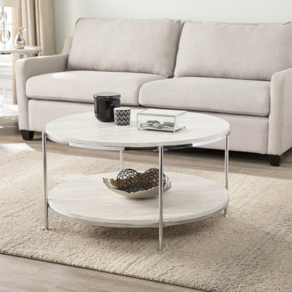 Safavieh Silas Round Travertine Look Cocktail Table With Chrome Frame And Lower Shelf CHROME CK5740
