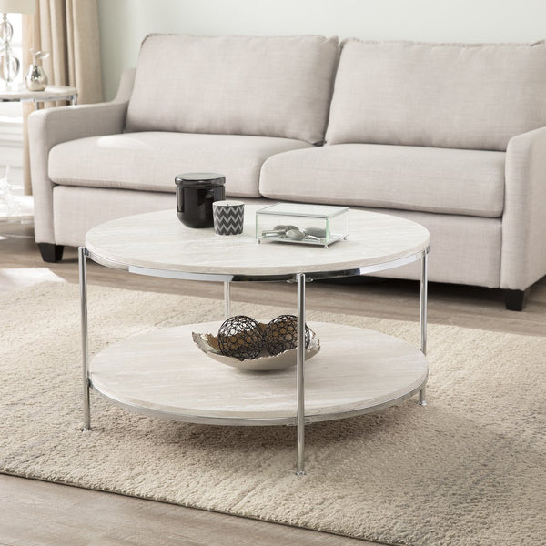 Safavieh Silas Round Travertine Look Cocktail Table With Chrome Frame And Lower Shelf CHROME CK5740