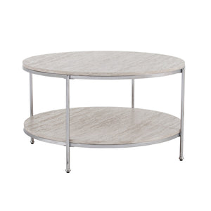 Safavieh Silas Round Travertine Look Cocktail Table With Chrome Frame And Lower Shelf CHROME CK5740