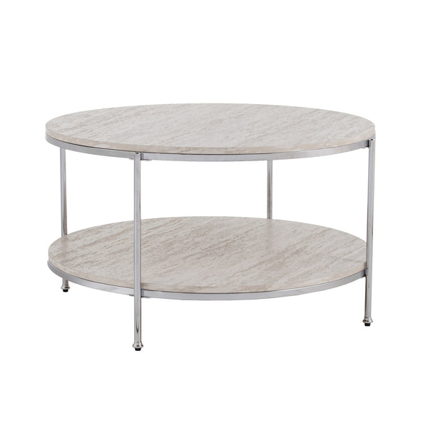 Safavieh Silas Round Travertine Look Cocktail Table With Chrome Frame And Lower Shelf CHROME CK5740