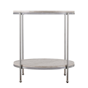 Safavieh Silas Round Faux Travertine End Table With Polished Iron Frame And Lower Storage Shelf CHROME CK5742