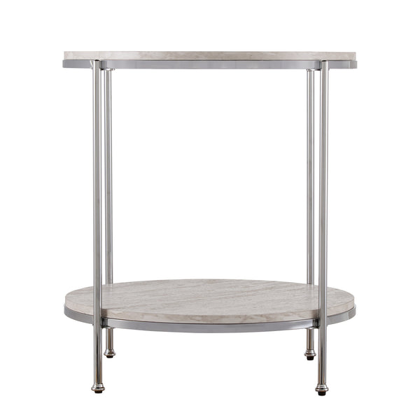 Safavieh Silas Round Faux Travertine End Table With Polished Iron Frame And Lower Storage Shelf CHROME CK5742