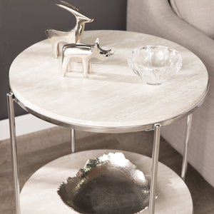 Safavieh Silas Round Faux Travertine End Table With Polished Iron Frame And Lower Storage Shelf CHROME CK5742