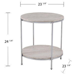 Safavieh Silas Round Faux Travertine End Table With Polished Iron Frame And Lower Storage Shelf CHROME CK5742