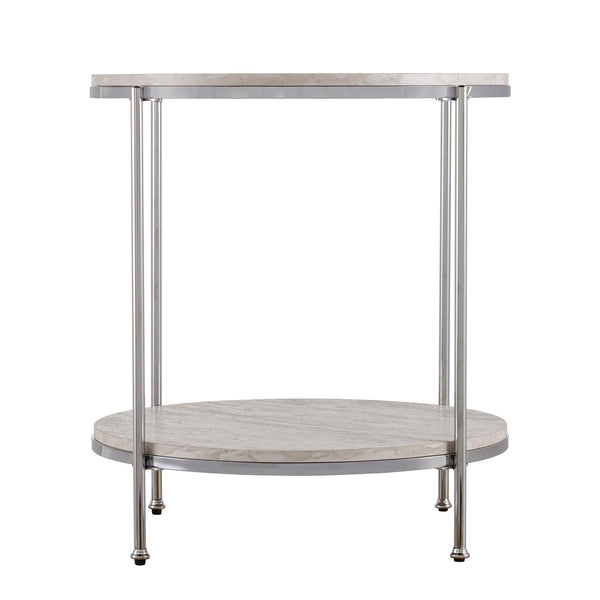 Safavieh Silas Round Faux Travertine End Table With Polished Iron Frame And Lower Storage Shelf CHROME CK5742