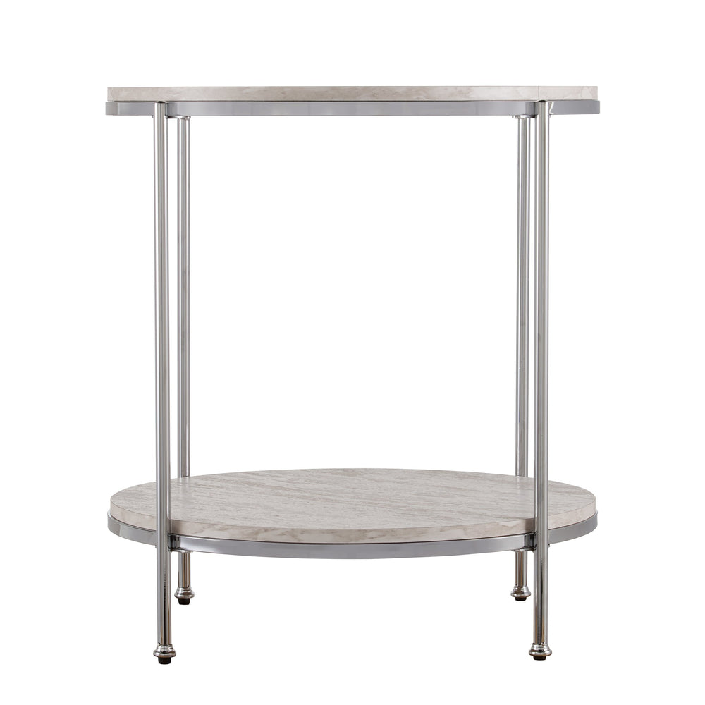 Safavieh Silas Round Faux Travertine End Table With Polished Iron Frame And Lower Storage Shelf CHROME CK5742