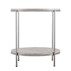 Safavieh Silas Round Faux Travertine End Table With Polished Iron Frame And Lower Storage Shelf CHROME CK5742