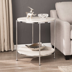 Safavieh Silas Round Faux Travertine End Table With Polished Iron Frame And Lower Storage Shelf CHROME CK5742