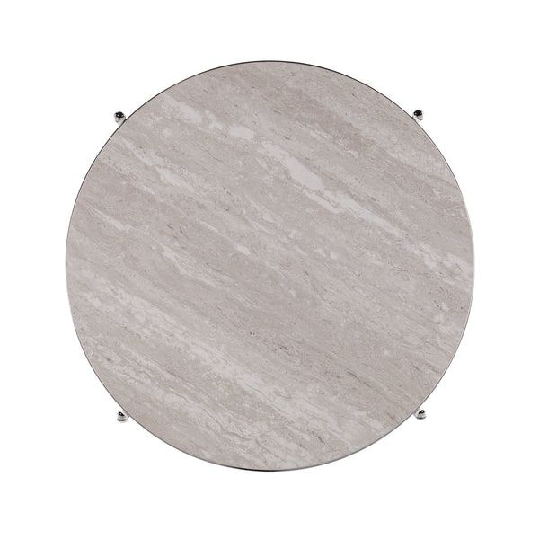 Safavieh Silas Round Faux Travertine End Table With Polished Iron Frame And Lower Storage Shelf CHROME CK5742
