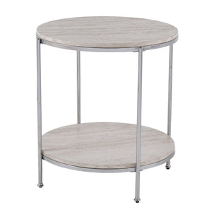 Safavieh Silas Round Faux Travertine End Table With Polished Iron Frame And Lower Storage Shelf CHROME CK5742