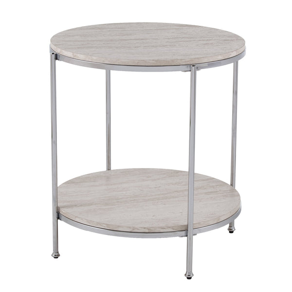 Safavieh Silas Round Faux Travertine End Table With Polished Iron Frame And Lower Storage Shelf CHROME CK5742