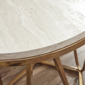 Safavieh Luna Round Travertine Top End Table With Geometric Iron Base For Glam Living Spaces CK5972