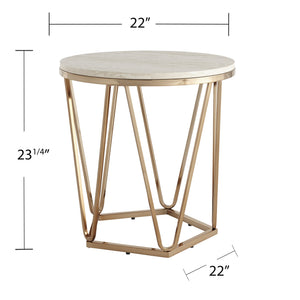 Safavieh Luna Round Travertine Top End Table With Geometric Iron Base For Glam Living Spaces CK5972