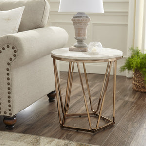 Safavieh Luna Round Travertine Top End Table With Geometric Iron Base For Glam Living Spaces CK5972