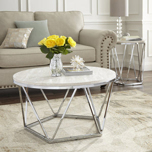 Safavieh Luna Round Faux Stone Top Coffee Table With Geometric Iron Base For Modern Glam Living Rooms CK5980