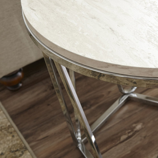 Safavieh Luna Round Faux Travertine End Table With Geometric Iron Base For Modern Living Rooms CK5982