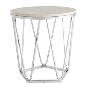 Safavieh Luna Round Faux Travertine End Table With Geometric Iron Base For Modern Living Rooms CK5982