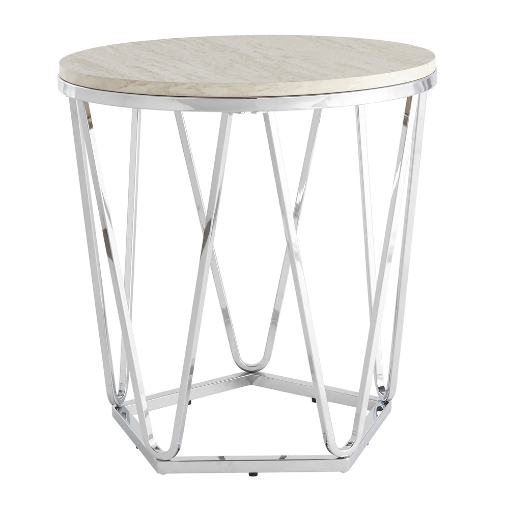 Safavieh Luna Round Faux Travertine End Table With Geometric Iron Base For Modern Living Rooms CK5982