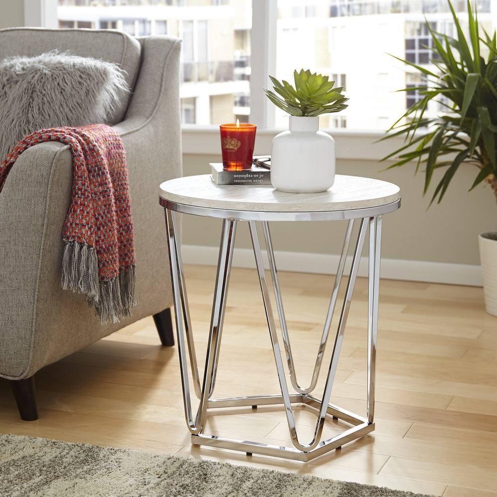 Safavieh Luna Round Faux Travertine End Table With Geometric Iron Base For Modern Living Rooms CK5982