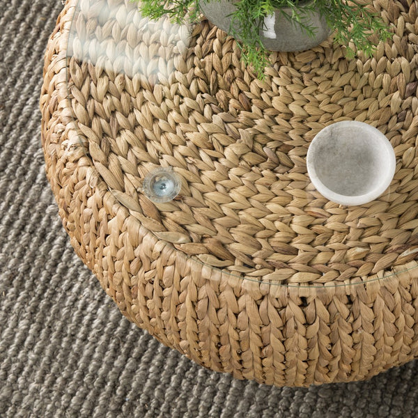 Safavieh Jokobe Woven Hyacinth Coffee Table With Tempered Glass Top For Boho Living Rooms CK6850