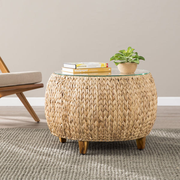 Safavieh Jokobe Woven Hyacinth Coffee Table With Tempered Glass Top For Boho Living Rooms CK6850