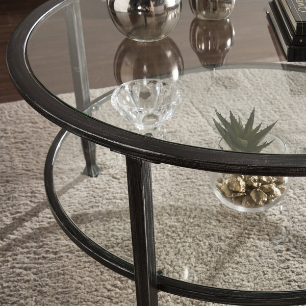 Safavieh Jaymes Round Iron And Tempered Glass Cocktail Table With Open Shelf For Modern Living BLACK CK8740