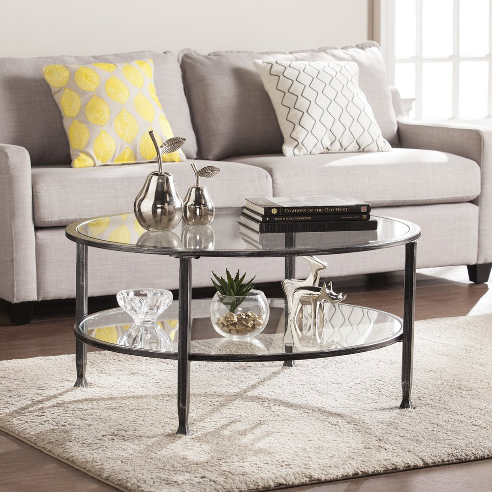 Safavieh Jaymes Round Iron And Tempered Glass Cocktail Table With Open Shelf For Modern Living BLACK CK8740