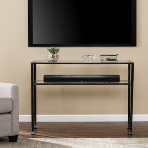 Safavieh Metal Console Table With Tempered Glass Shelves Brushed Black Frame For Entryway Or Sofa CK8773