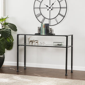 Safavieh Metal Console Table With Tempered Glass Shelves Brushed Black Frame For Entryway Or Sofa CK8773