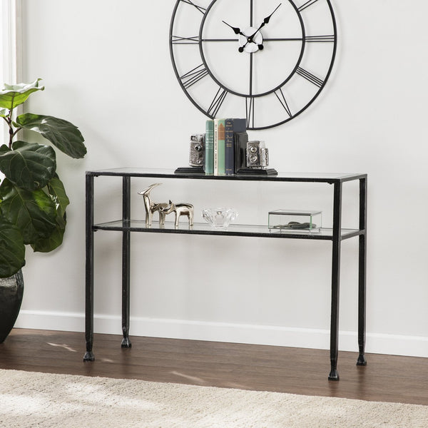 Safavieh Metal Console Table With Tempered Glass Shelves Brushed Black Frame For Entryway Or Sofa CK8773