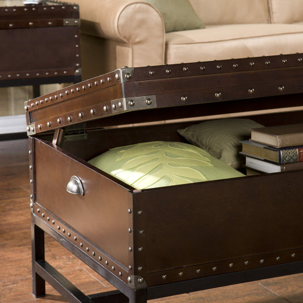 Safavieh Voyager Nailhead Trim Cocktail Table With Hidden Storage And Birch Veneer Antique Finish CK9820