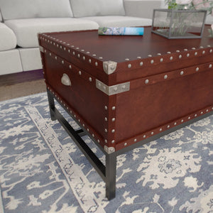 Safavieh Voyager Nailhead Trim Cocktail Table With Hidden Storage And Birch Veneer Antique Finish CK9820