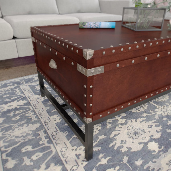 Safavieh Voyager Nailhead Trim Cocktail Table With Hidden Storage And Birch Veneer Antique Finish CK9820