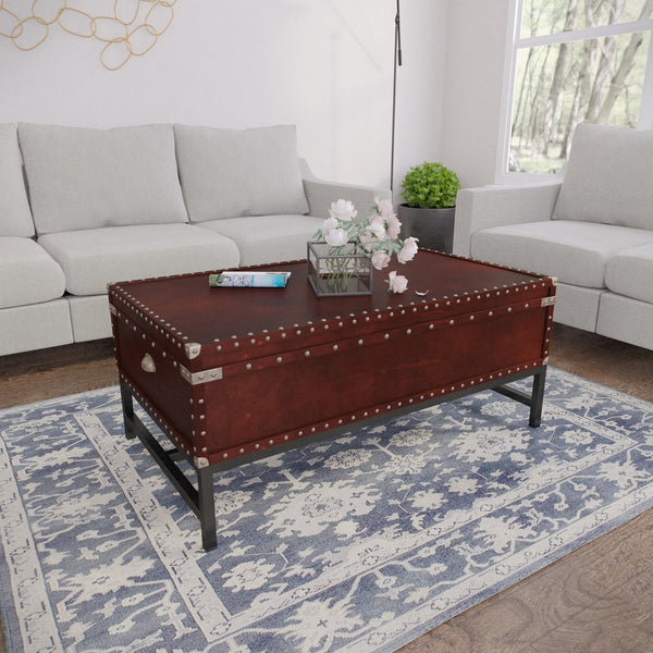 Safavieh Voyager Nailhead Trim Cocktail Table With Hidden Storage And Birch Veneer Antique Finish CK9820