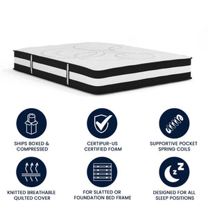 English Elm Capri Comfortable Sleep 12 Inch Hybrid Pocket Spring Mattress for Ultimate Support and Comfort White Queen CL-E230P-R-Q-GG