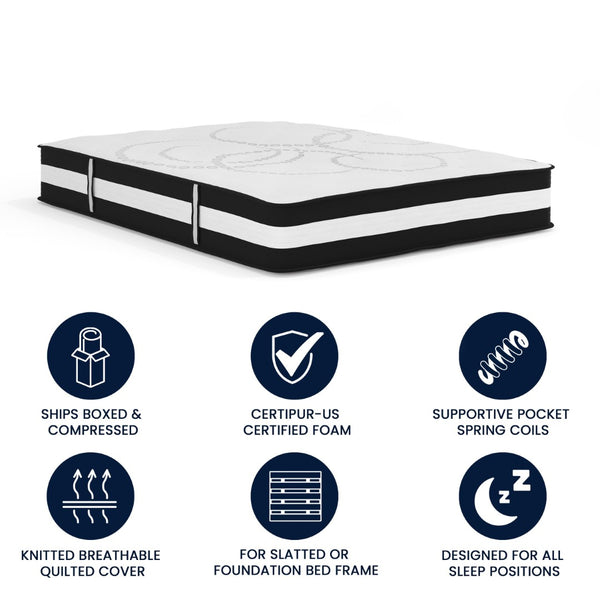 English Elm Capri Comfortable Sleep 12 Inch Hybrid Pocket Spring Mattress for Ultimate Support and Comfort White Queen CL-E230P-R-Q-GG