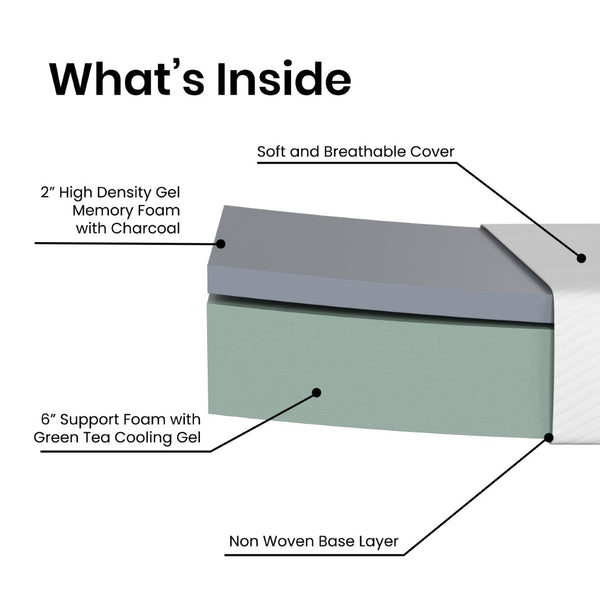 English Elm Jasmine Charcoal & Green Tea Cooling Gel Memory Foam Mattress - Pressure Relief & Odor Control Solution White Queen CL-MF101-8-Q-GG