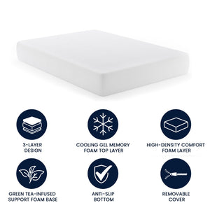 English Elm Cloud Green Tea Cooling Gel Memory Foam Mattress with 3-Layer Design for Ultimate Sleep Comfort White Full CL-MFB3L-10-F-GG